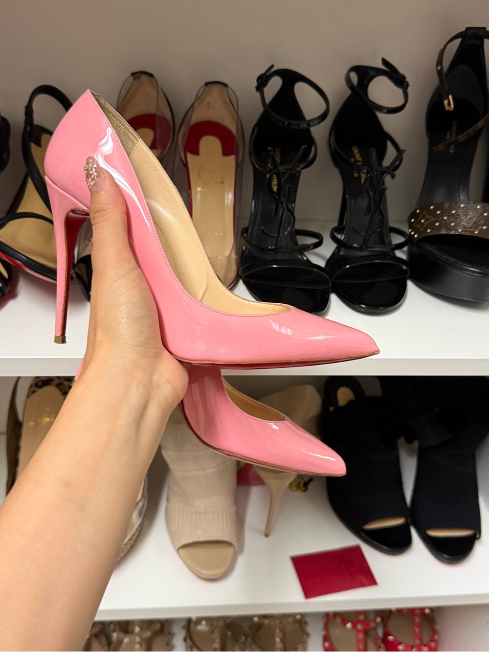 Christian Louboutin Pink Patent Pointed-Toe Pumps - Glossy Blush - Picture 2 of 5